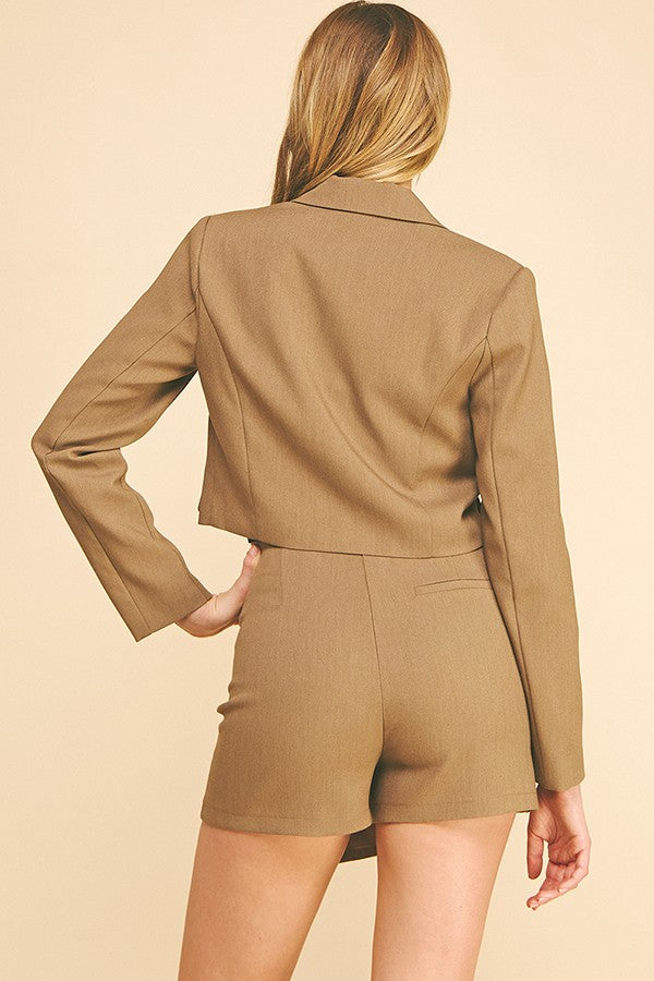 Twill Onyx Flower Button Cropped Blazer Jacket