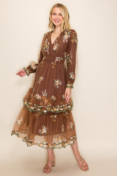 Floral Embroidered Tulle Maxi Dress