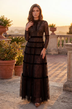 Long Sleeve Formal Tiered A Line Lace Evening Dress