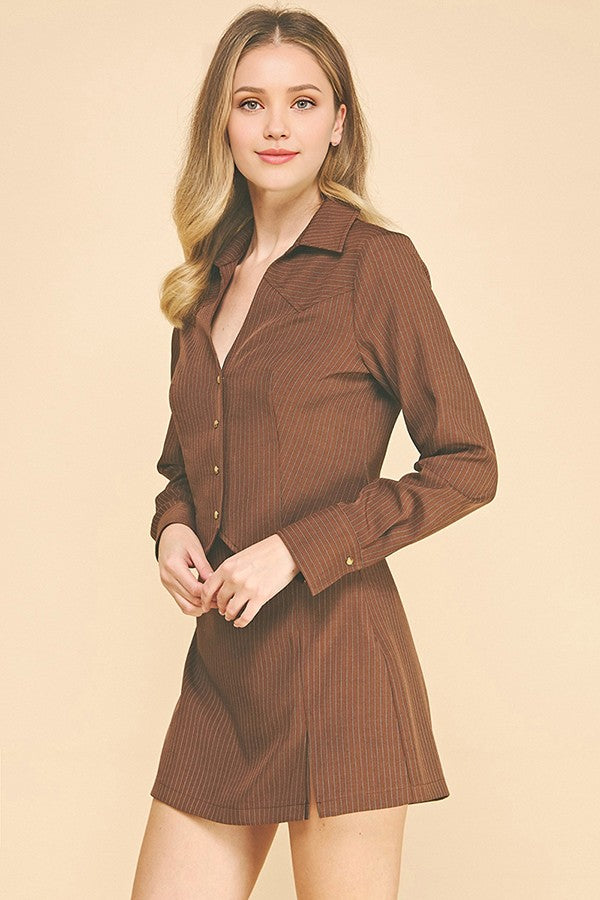 Pinstriped Twill Open Neck Cropped Blazer Shirt Hybrid Top