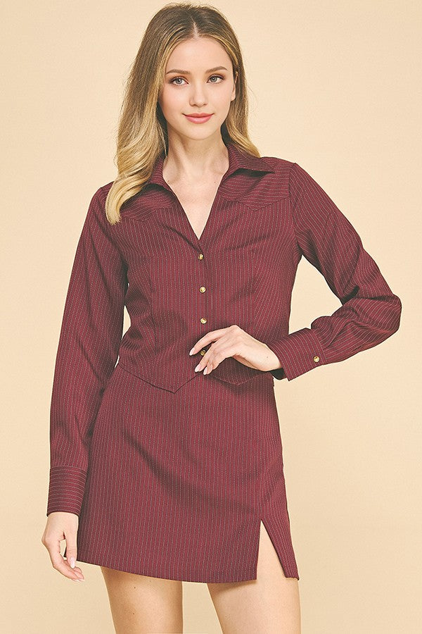 Pinstriped Twill Open Neck Cropped Blazer Shirt Hybrid Top