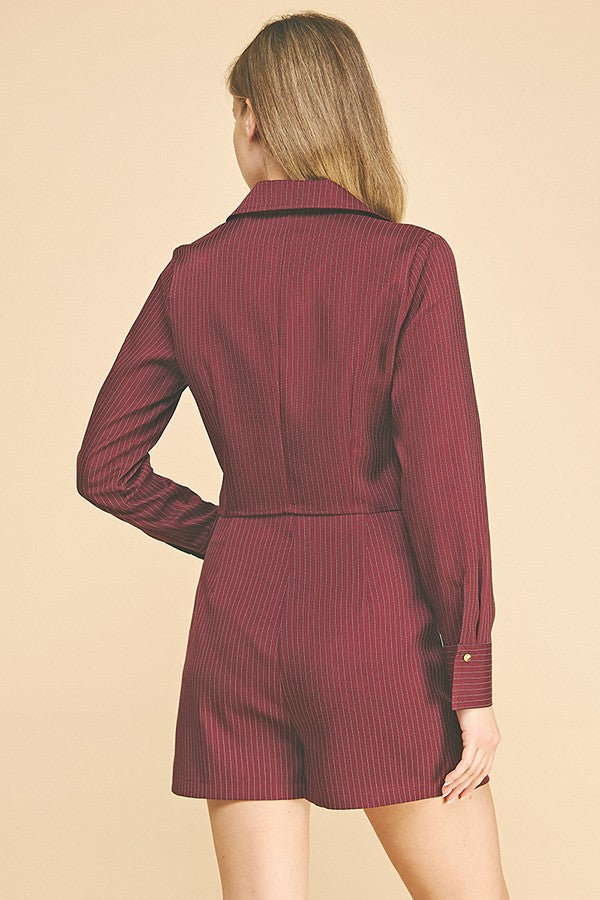 Pinstriped Twill Open Neck Cropped Blazer Shirt Hybrid Top