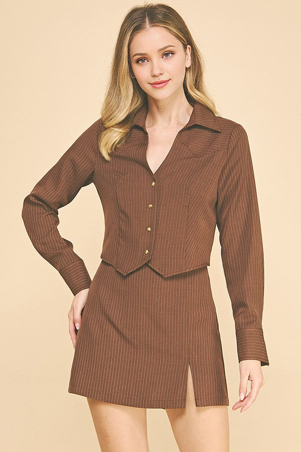 Pinstriped Twill Open Neck Cropped Blazer Shirt Hybrid Top