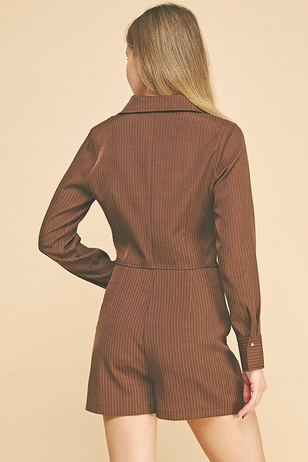 Pinstriped Twill Open Neck Cropped Blazer Shirt Hybrid Top