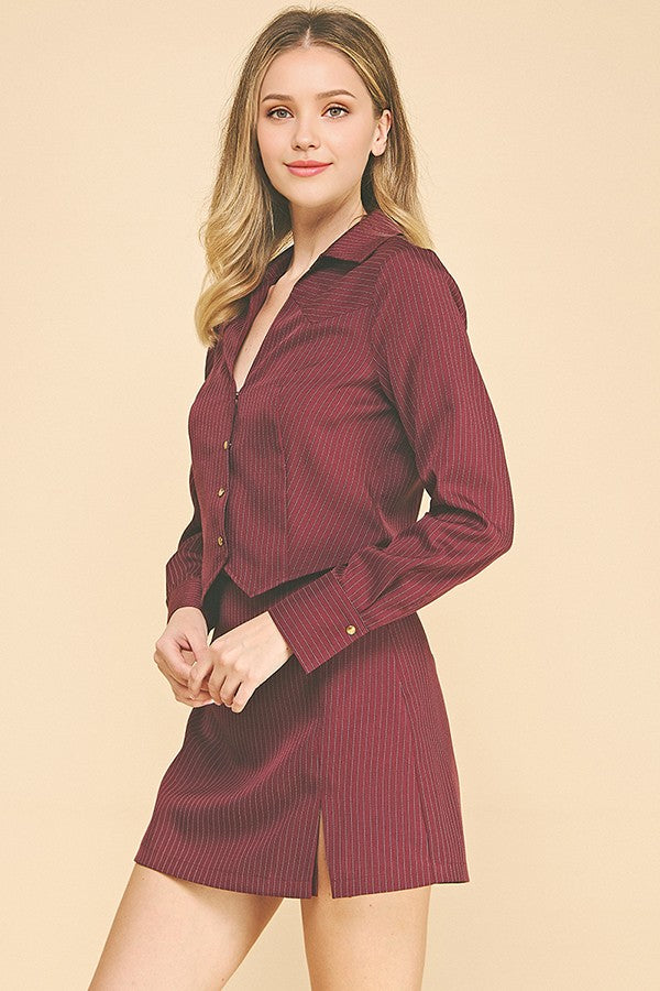 Pinstriped Twill Open Neck Cropped Blazer Shirt Hybrid Top