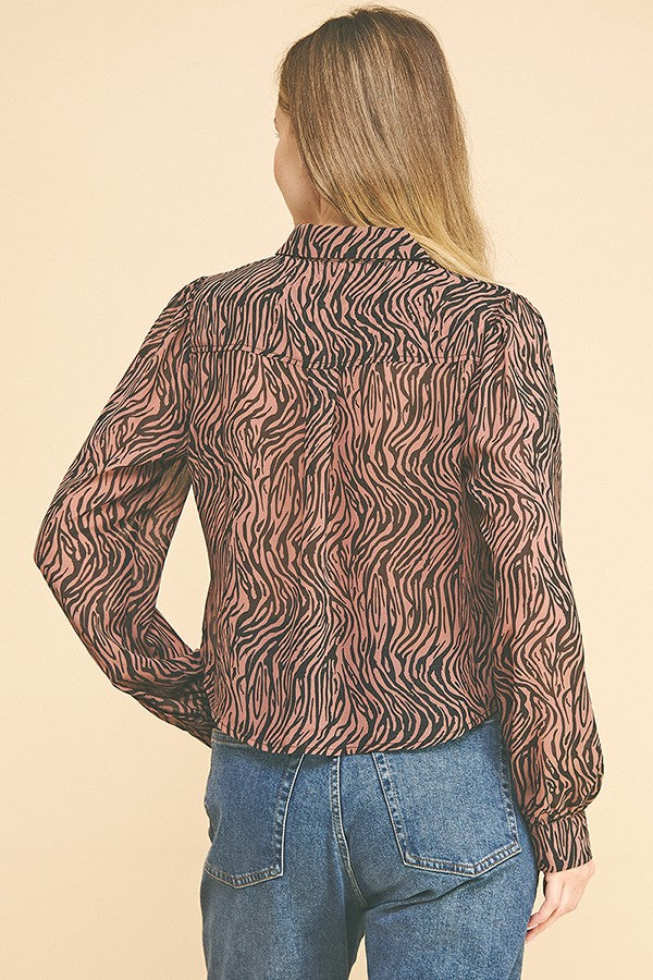 Zebra Pattern Chiffon Bishop Sleeve Dress Shirt Blouse Top