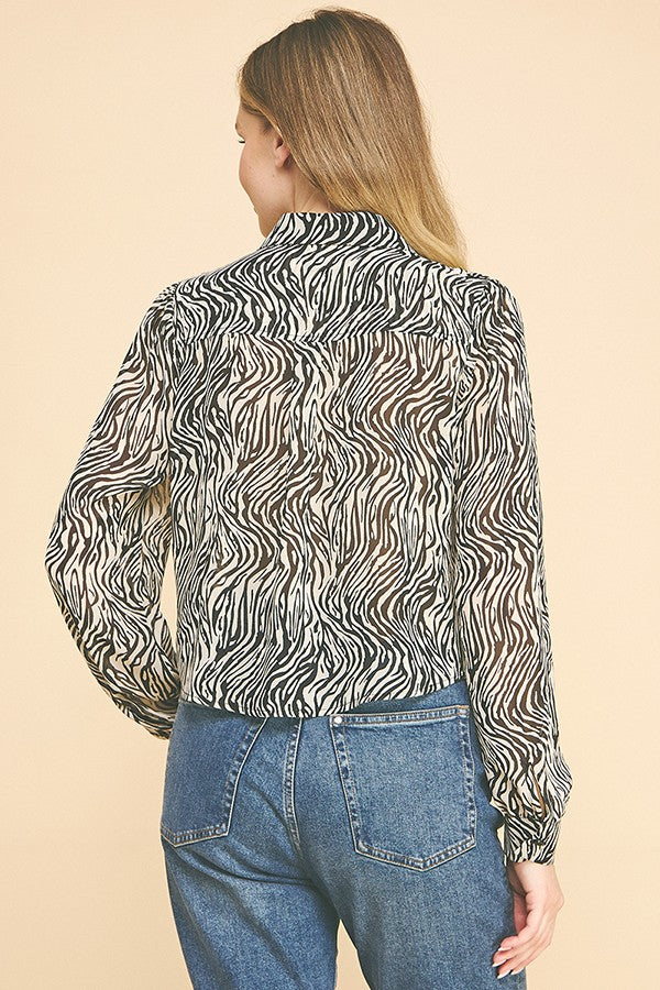Zebra Pattern Chiffon Bishop Sleeve Dress Shirt Blouse Top