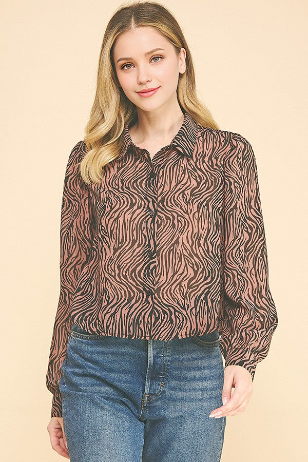 Zebra Pattern Chiffon Bishop Sleeve Dress Shirt Blouse Top