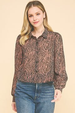 Zebra Pattern Chiffon Bishop Sleeve Dress Shirt Blouse Top