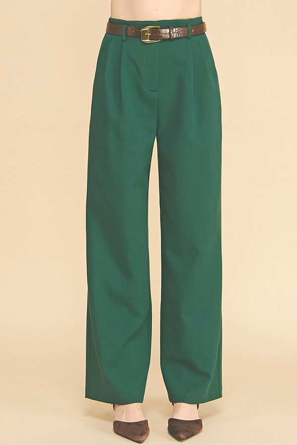 Twill Brown Alligator Belted Wide Leg Pleated Trousers Pants