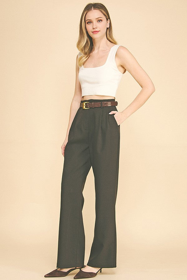 Twill Brown Alligator Belted Wide Leg Pleated Trousers Pants