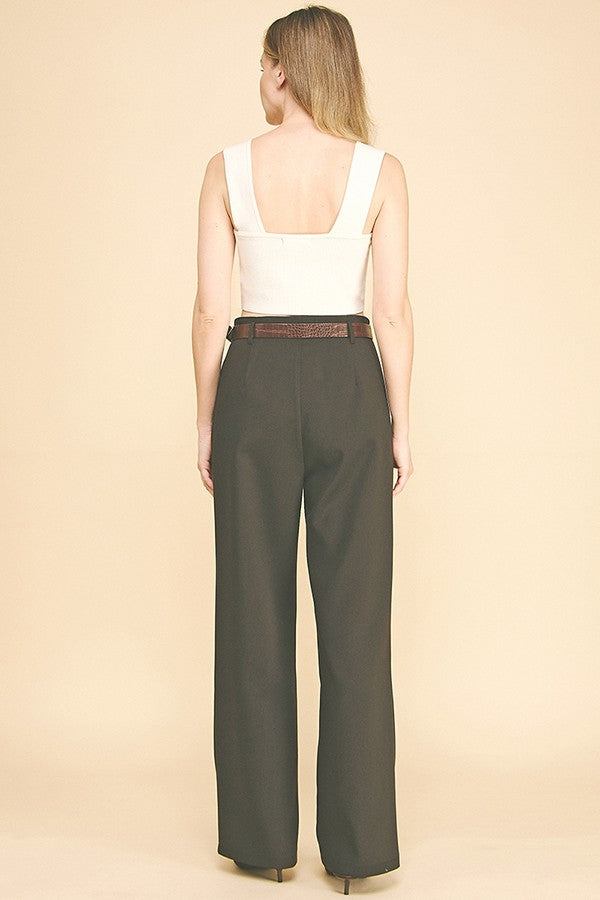 Twill Brown Alligator Belted Wide Leg Pleated Trousers Pants