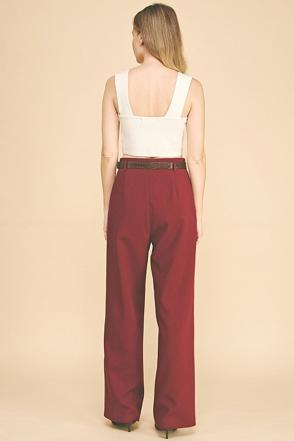Twill Brown Alligator Belted Wide Leg Pleated Trousers Pants