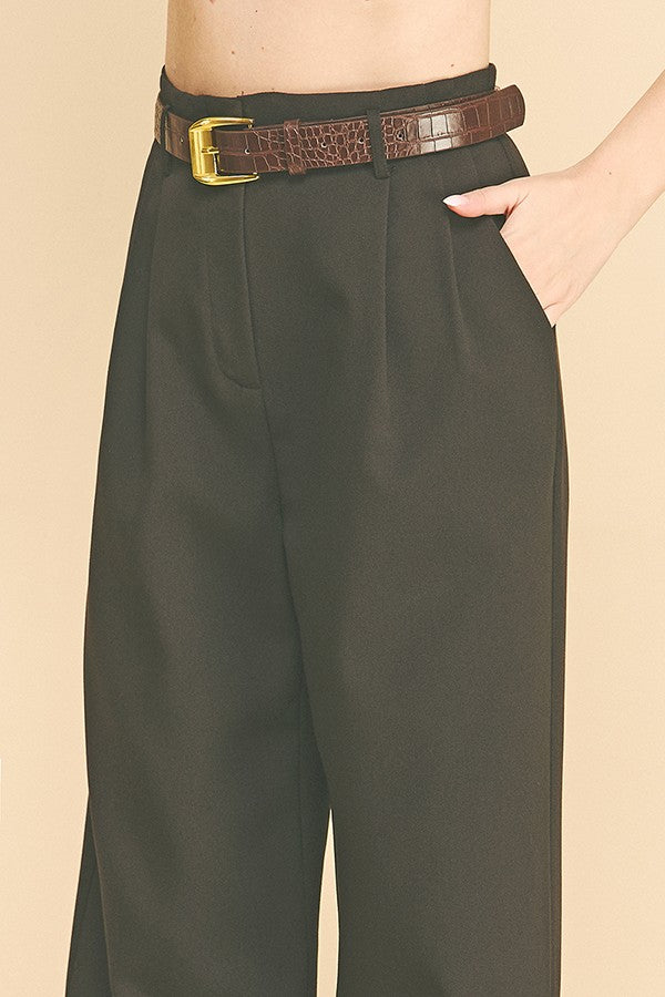 Twill Brown Alligator Belted Wide Leg Pleated Trousers Pants