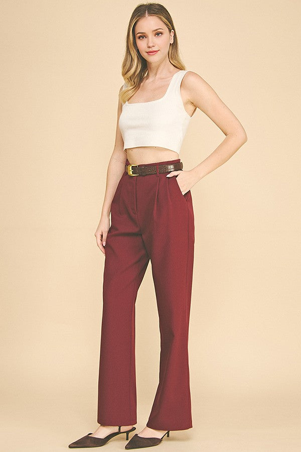 Twill Brown Alligator Belted Wide Leg Pleated Trousers Pants
