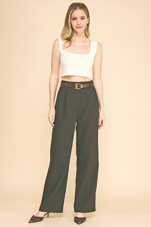 Twill Brown Alligator Belted Wide Leg Pleated Trousers Pants