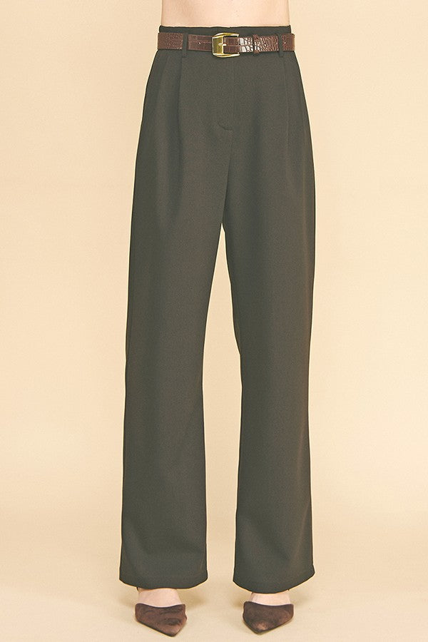 Twill Brown Alligator Belted Wide Leg Pleated Trousers Pants