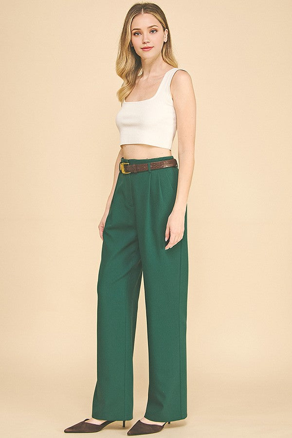 Twill Brown Alligator Belted Wide Leg Pleated Trousers Pants