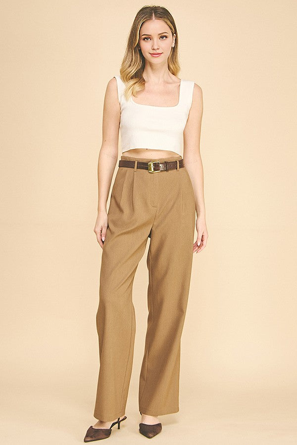 Twill Brown Alligator Belted Wide Leg Pleated Trousers Pants