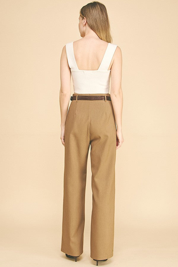 Twill Brown Alligator Belted Wide Leg Pleated Trousers Pants
