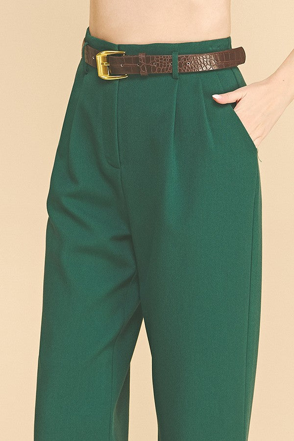 Twill Brown Alligator Belted Wide Leg Pleated Trousers Pants