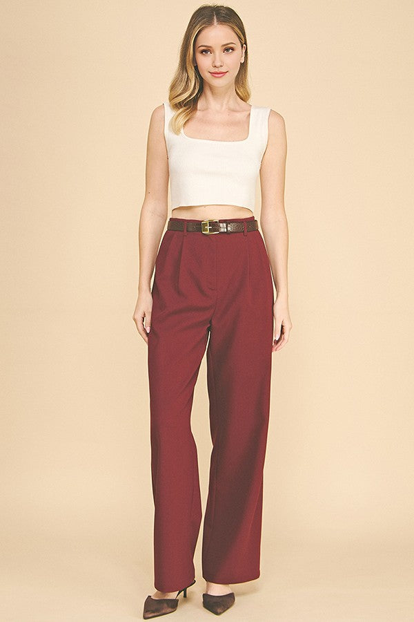Twill Brown Alligator Belted Wide Leg Pleated Trousers Pants
