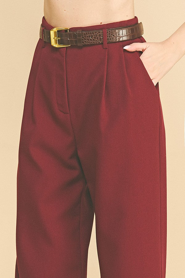 Twill Brown Alligator Belted Wide Leg Pleated Trousers Pants