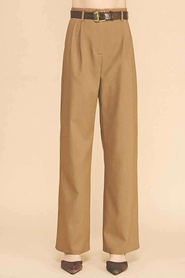 Twill Brown Alligator Belted Wide Leg Pleated Trousers Pants