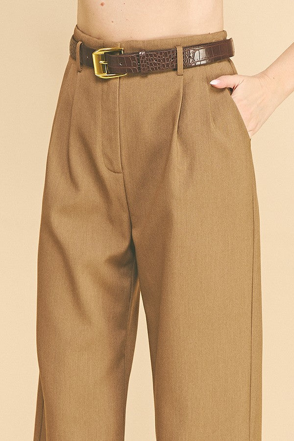 Twill Brown Alligator Belted Wide Leg Pleated Trousers Pants
