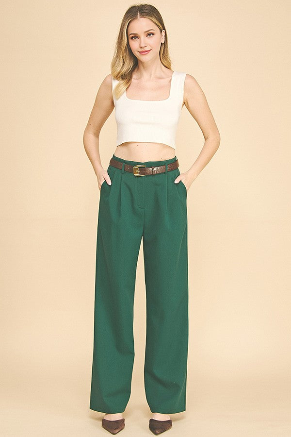 Twill Brown Alligator Belted Wide Leg Pleated Trousers Pants