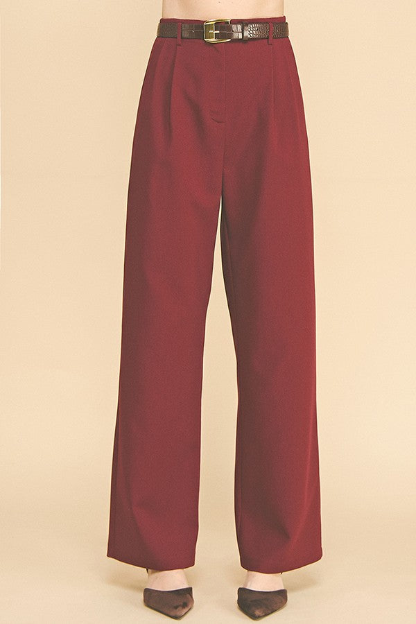 Twill Brown Alligator Belted Wide Leg Pleated Trousers Pants