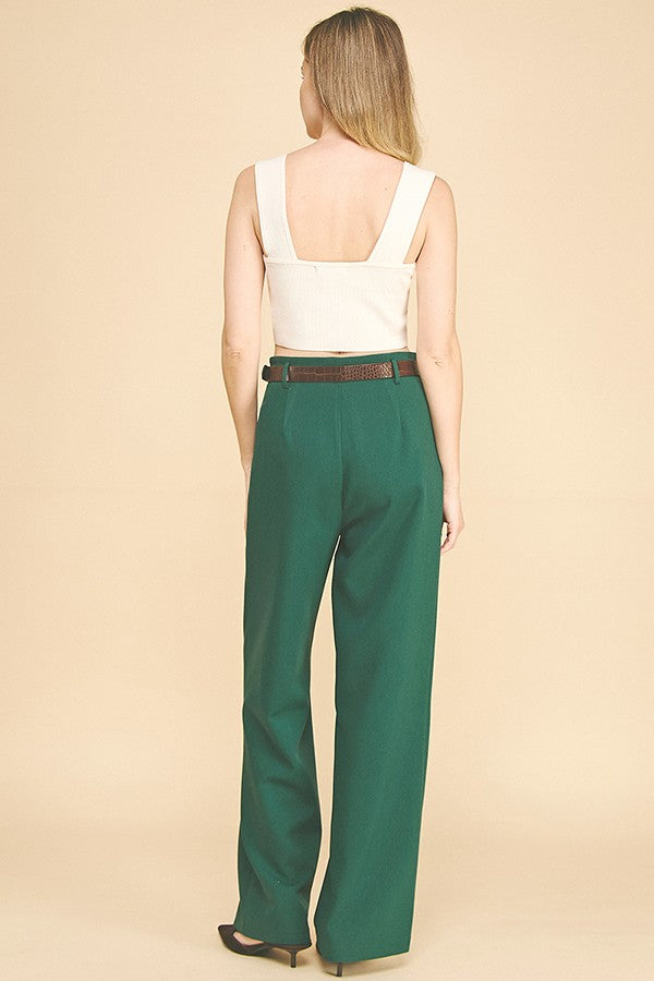 Twill Brown Alligator Belted Wide Leg Pleated Trousers Pants