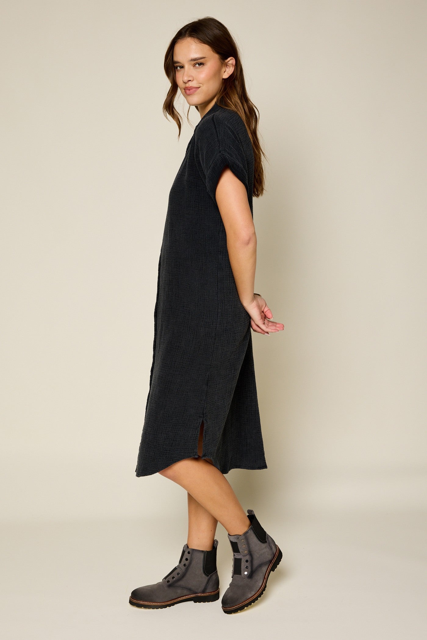 Washed Texture Button Down Dress
