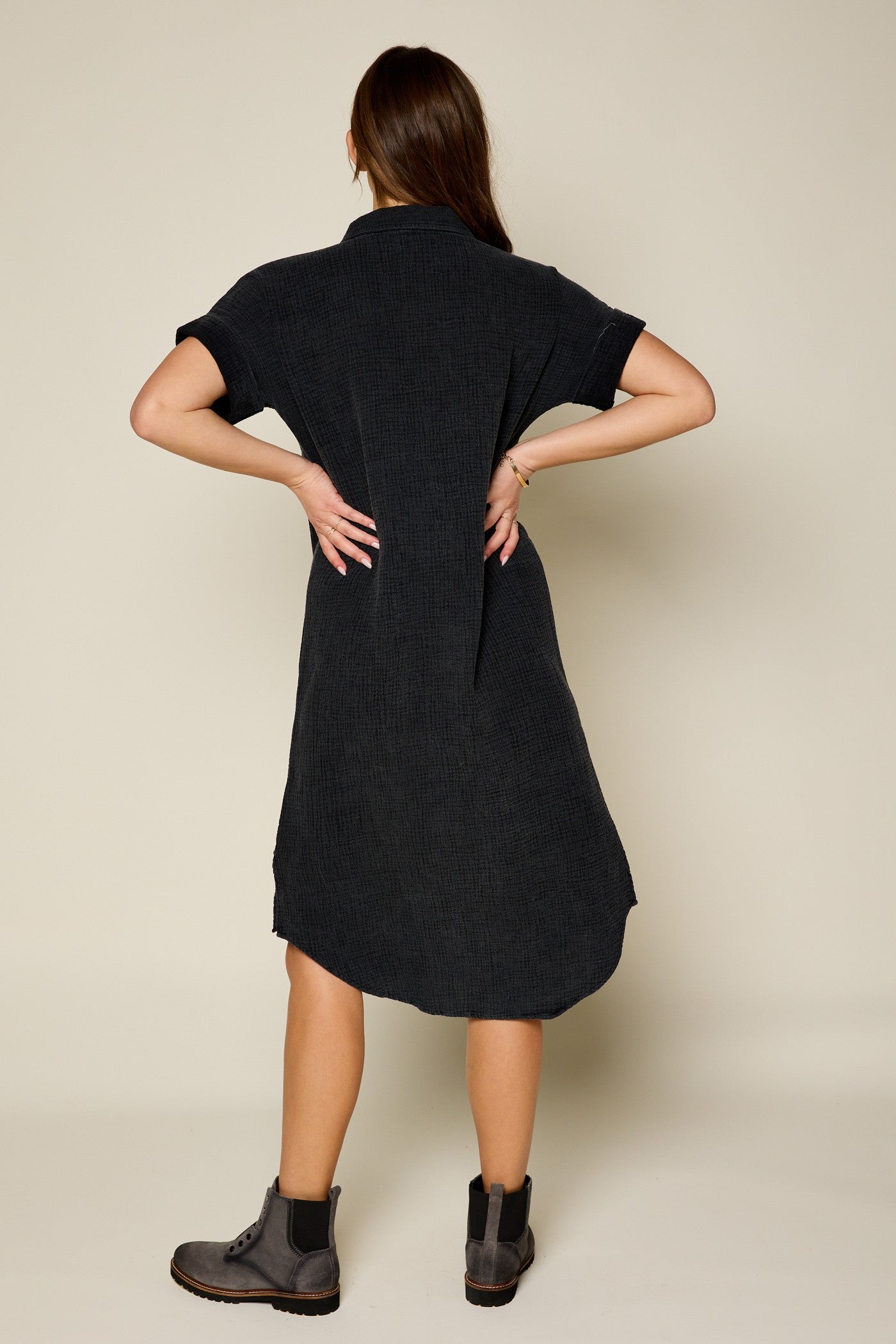 Washed Texture Button Down Dress