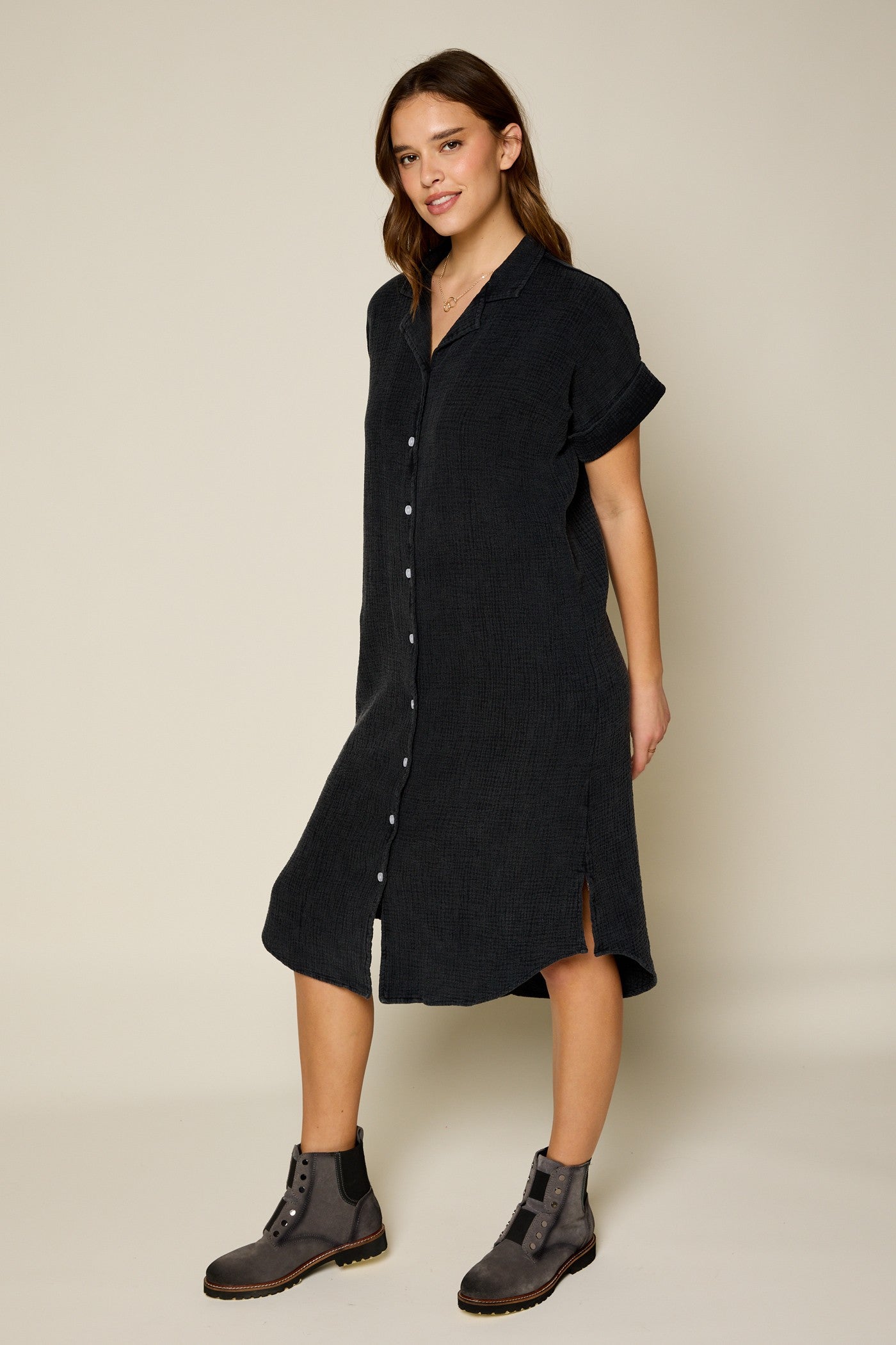 Washed Texture Button Down Dress