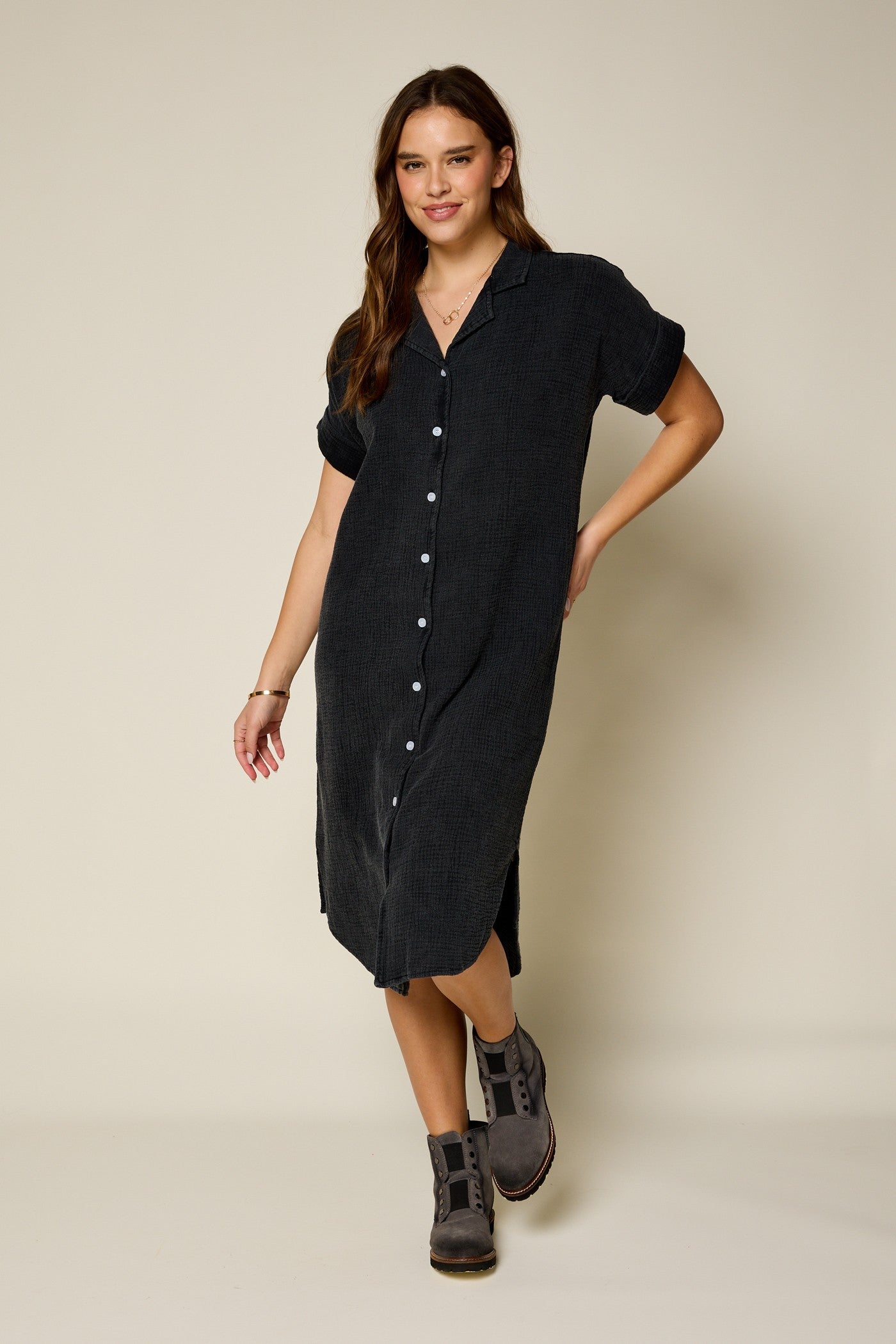 Washed Texture Button Down Dress