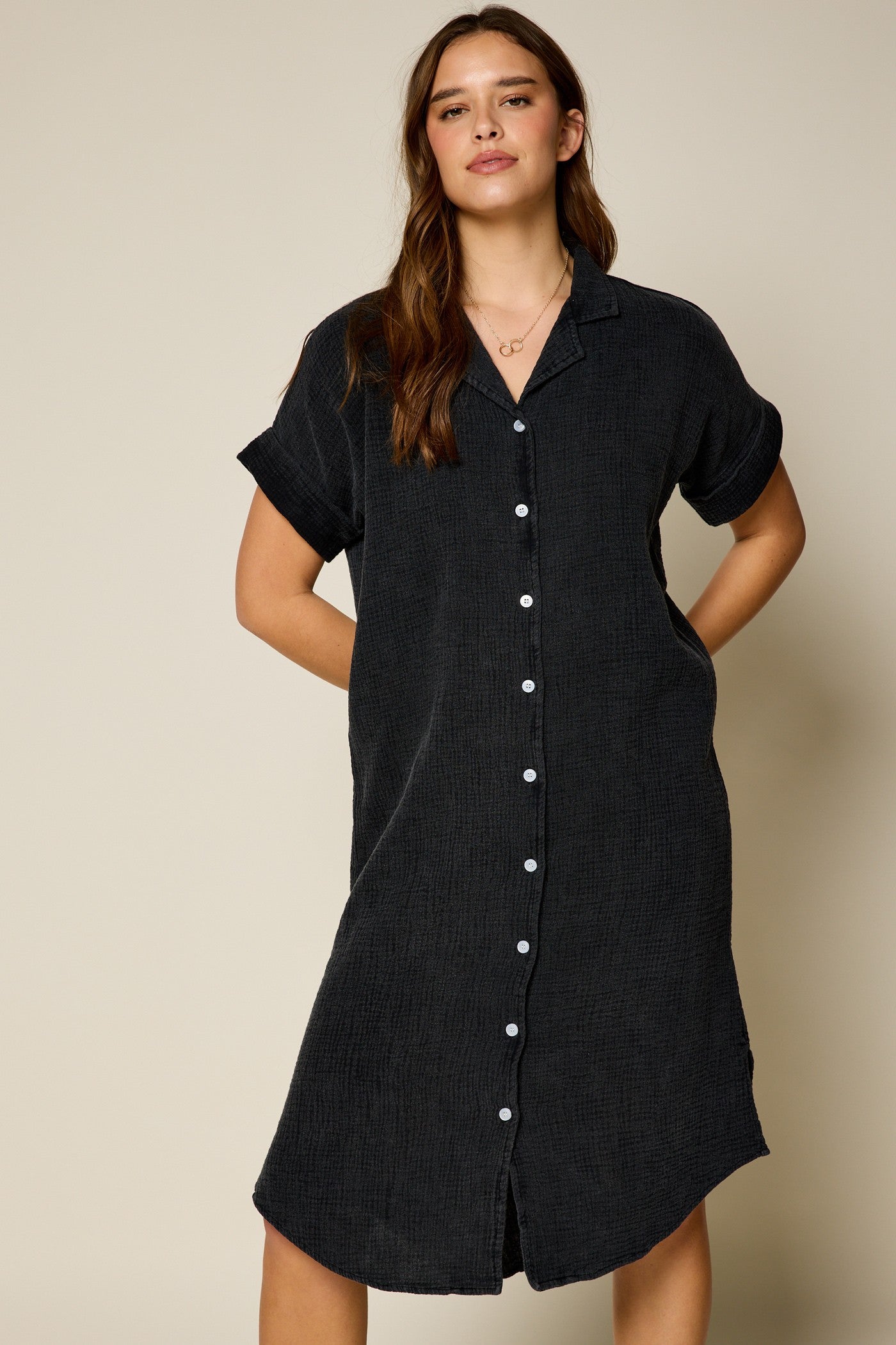 Washed Texture Button Down Dress