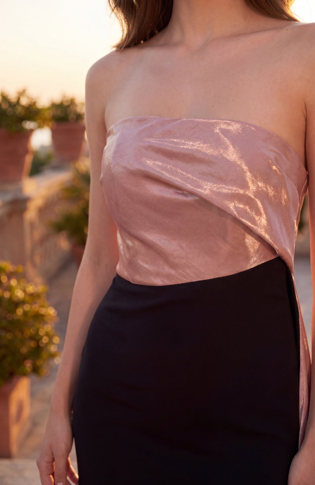 Strapless Long Formal Two Tone Satin Column Gown