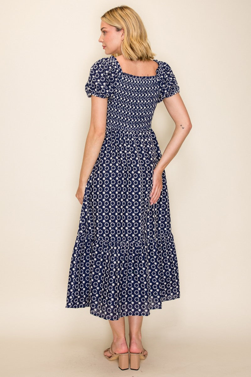 Embroidered Smocked Midi Dress