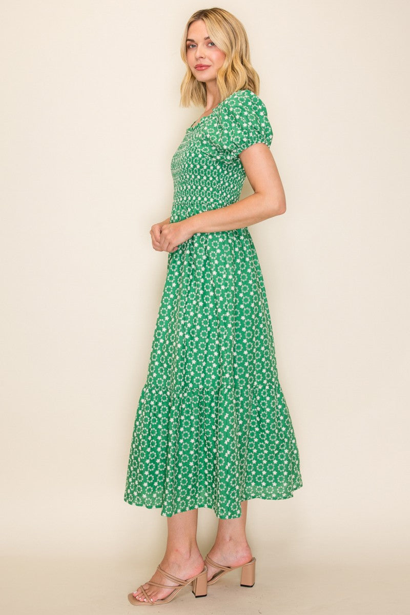 Embroidered Smocked Midi Dress