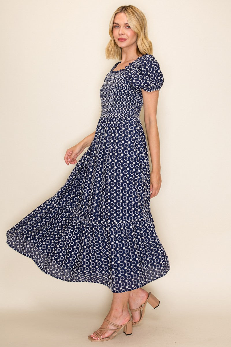 Embroidered Smocked Midi Dress