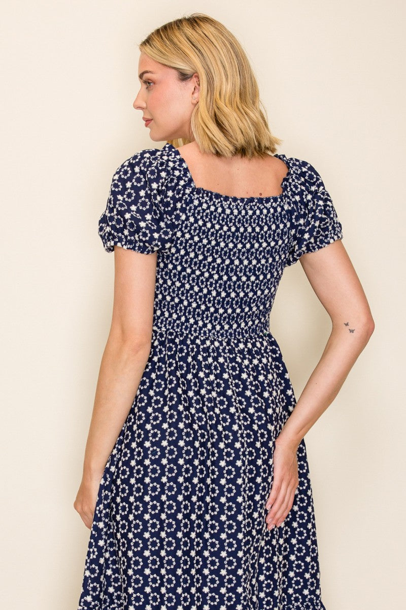 Embroidered Smocked Midi Dress