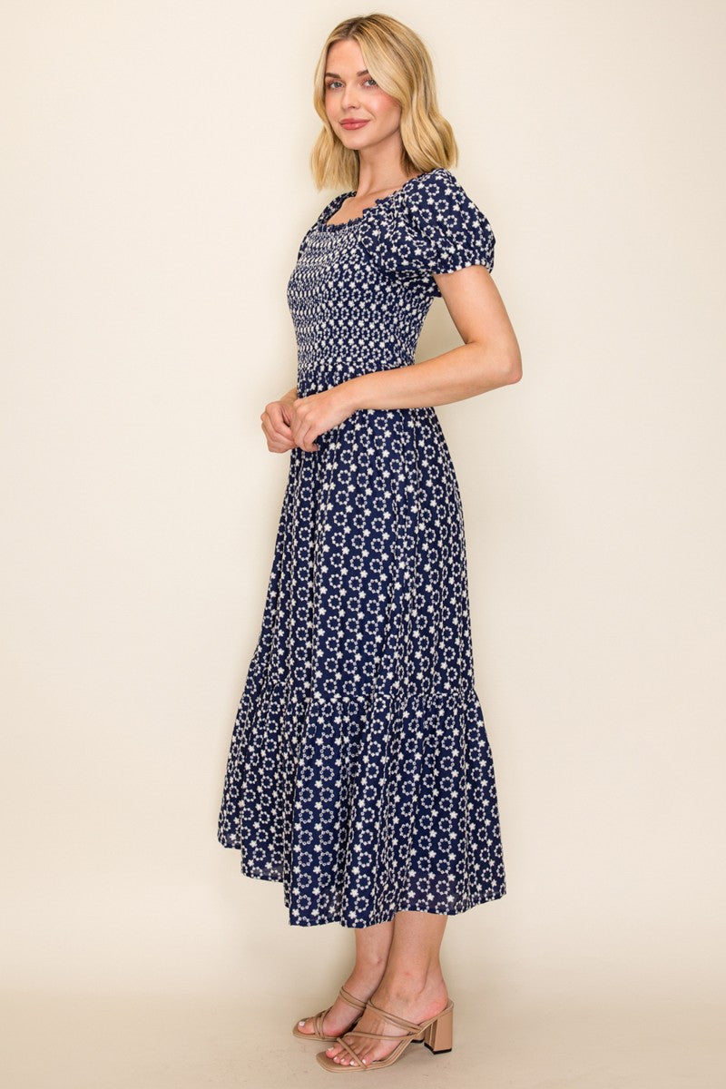 Embroidered Smocked Midi Dress