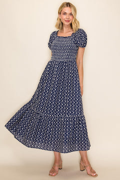 Embroidered Smocked Midi Dress