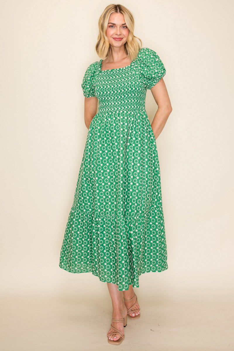 Embroidered Smocked Midi Dress
