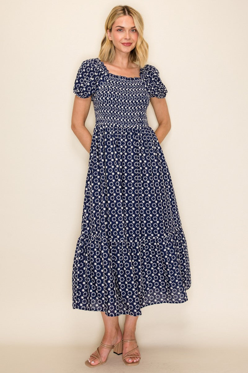 Embroidered Smocked Midi Dress