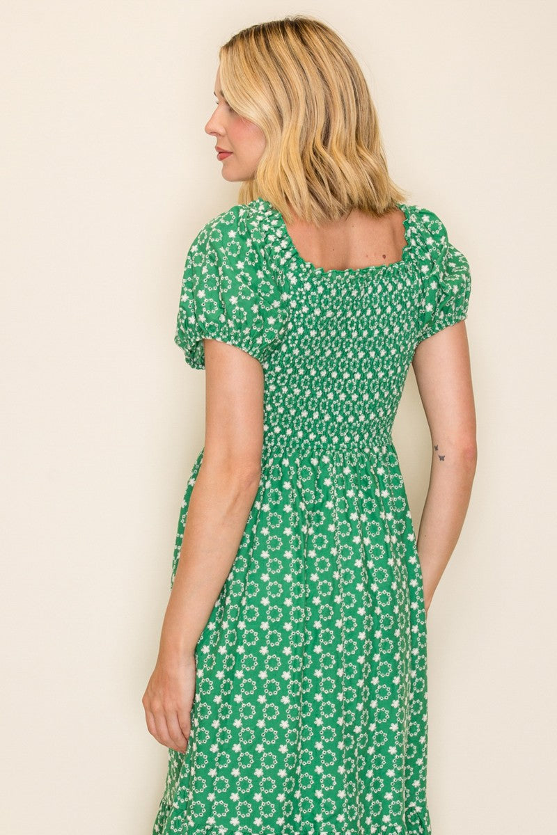 Embroidered Smocked Midi Dress