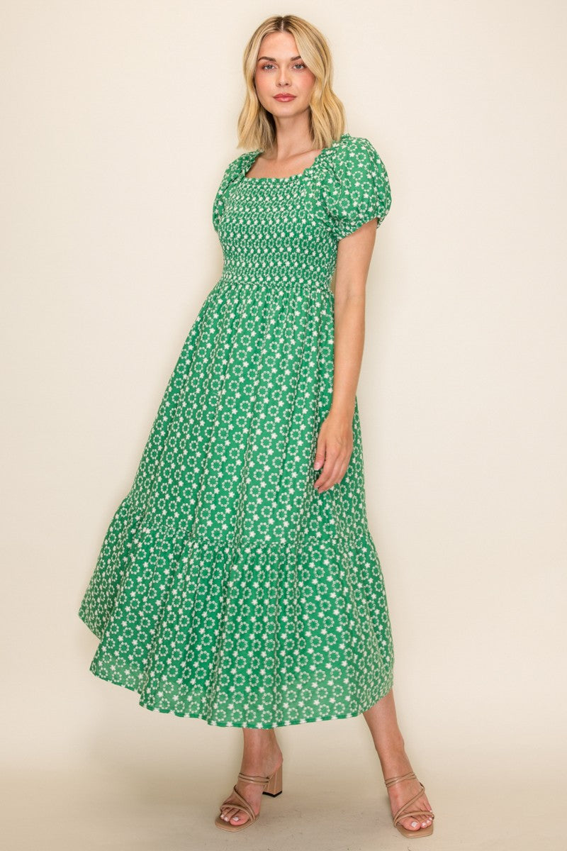 Embroidered Smocked Midi Dress