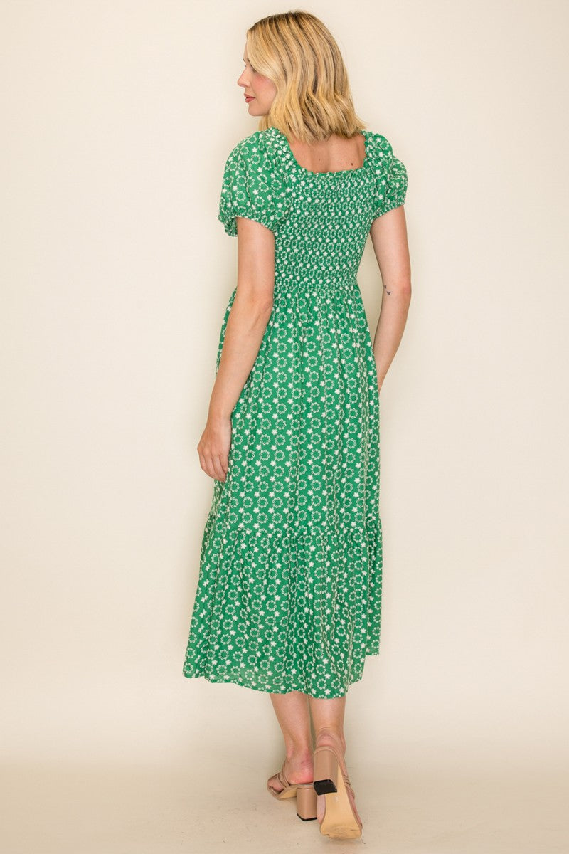 Embroidered Smocked Midi Dress