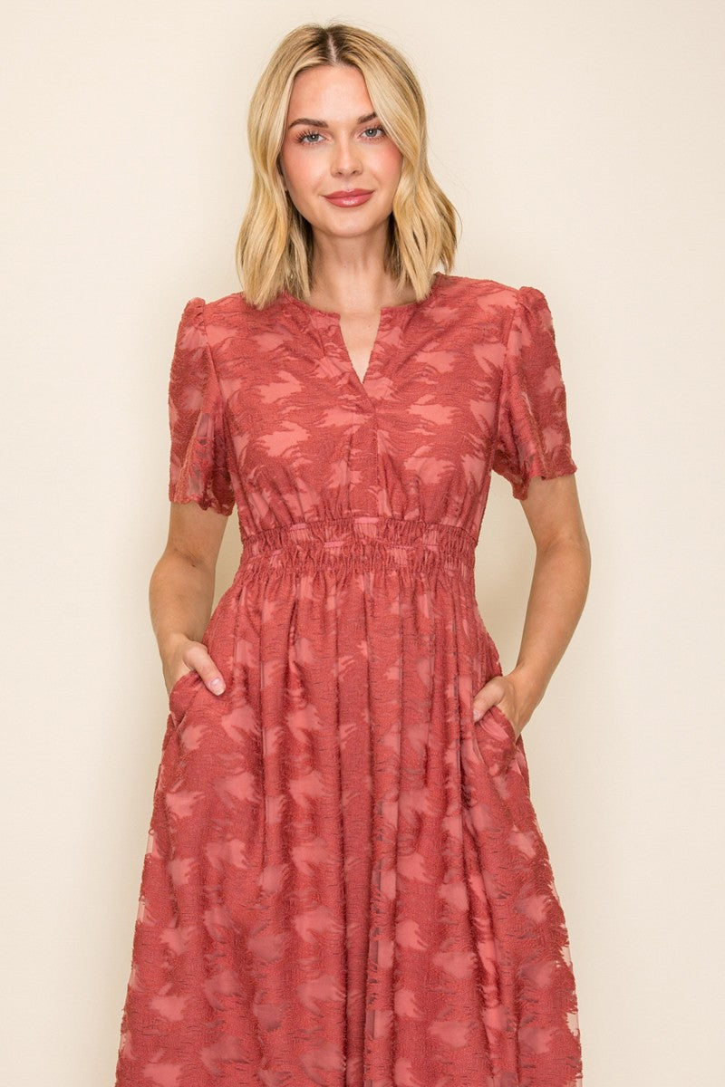 Embossed Smocked Waist Midi Dress